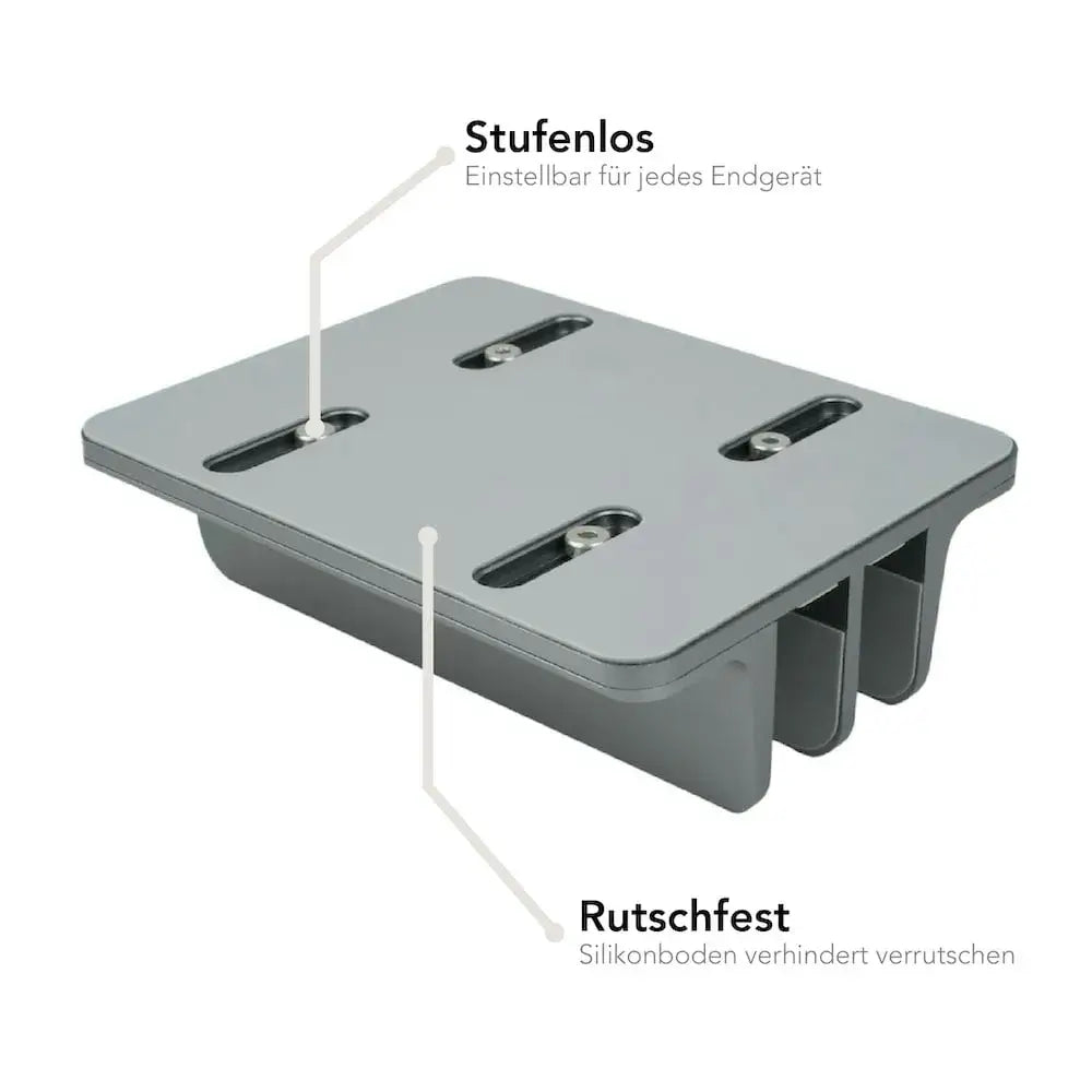 AIRSTAND DUO mit stufenlos einstellbaren Halterungen und rutschfestem Silikonboden, der das Verrutschen verhindert. Ideal für eine flexible Anpassung an verschiedene Endgeräte und sicheren Halt auf allen Oberflächen. Text: „Stufenlos – Einstellbar für jedes Endgerät“ und „Rutschfest – Silikonboden verhindert Verrutschen“.