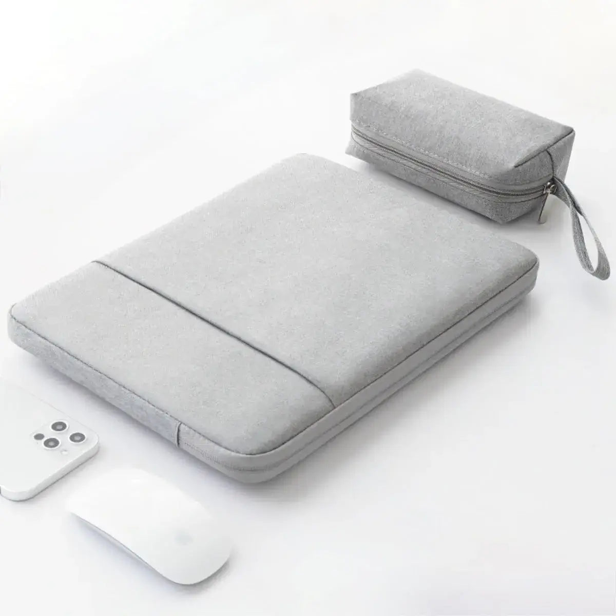 NCASE Laptophülle Case Stoff aussen ansicht hellgrau mit Kabeltasche als set