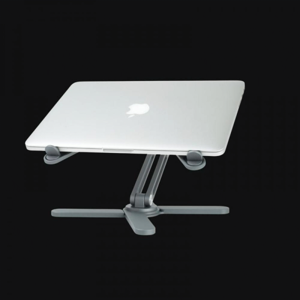 Animation des XSTAND Laptophalters mit MacBook, zeigt die flexible und ergonomische Verstellbarkeit des Ständers in verschiedenen Winkeln und Positionen.