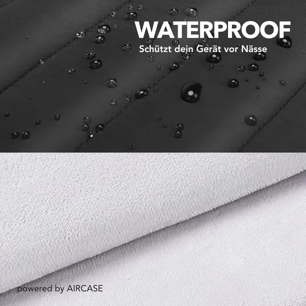 Wasserfestigkeit und Innenmaterial der AIRCASE: "Nahaufnahme der wasserabweisenden Oberfläche der AIRCASE mit Wassertropfen. Detailansicht des weichen, weißen Micro-Fleece-Innenmaterials mit Text: 'WATERPROOF – Schützt dein Gerät vor Nässe'.